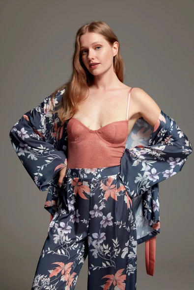 Pijama Takım Sabahlık Büstiyer Pantolon LP1401 3'lü Set