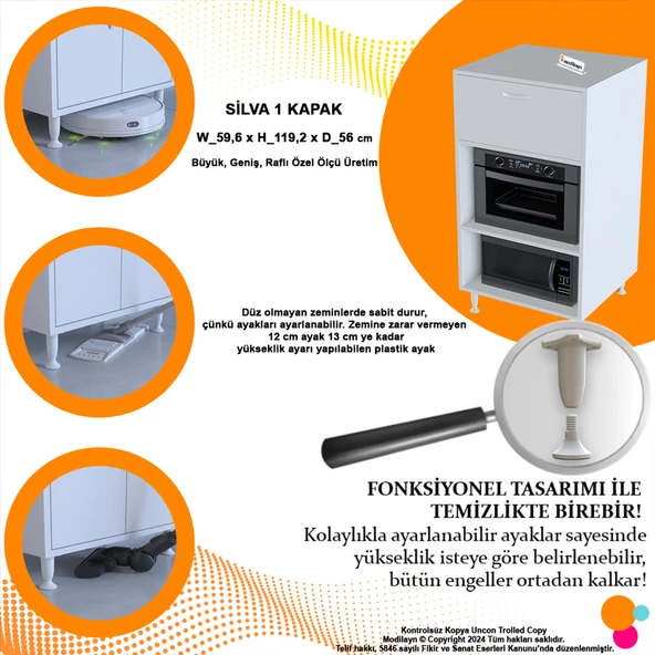 Modilayn SİLVA 59,6 x 119,2 x 56 cm Tek Kapaklı Ankastre Fırın ve Mutfak Dolabı - 8