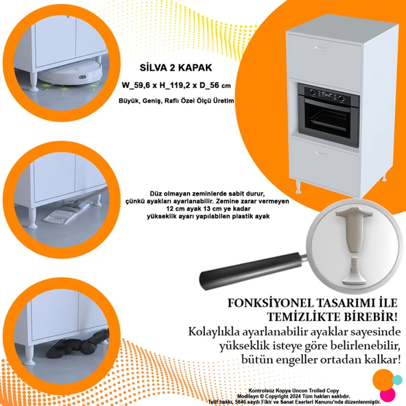 Modilayn SİLVA 59,6 x 119,2 x 56 cm Çift Kapaklı Ankastre Fırın ve Mutfak Dolabı - 7