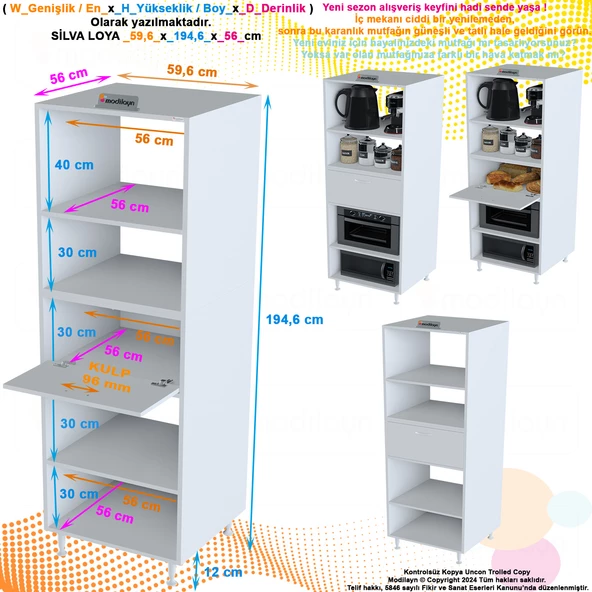 Modilayn SİLVA LOYA 59,6 x 194,6 x 56 cm Tek Kapaklı Ankastre Fırın Ve Mutfak Dolabı - Resim 6