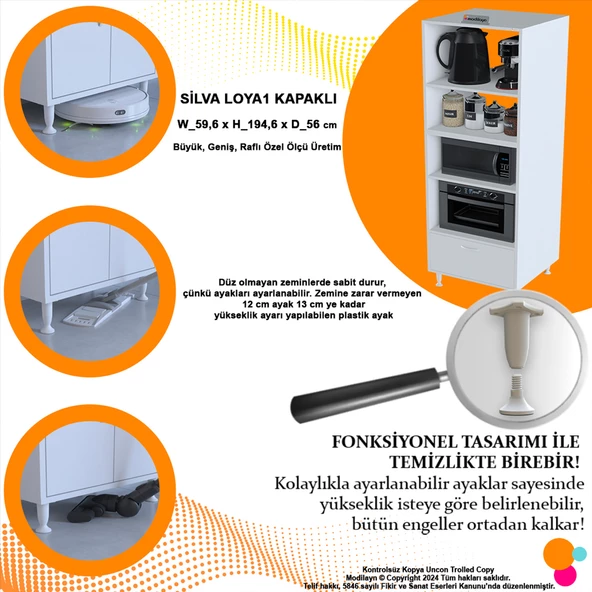 Modilayn SİLVA LOYA 59,6 x194,6 x56 cm Tek Kapaklı Ankastre ve Mutfak Dolabı - 6