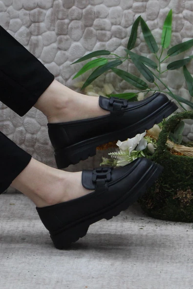 Fort 71119 Siyah Cilt Toka Detaylı Rahat Loafer Kadın Ayakkabı - 5