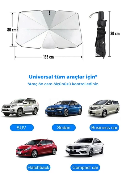 Universal Tüm Araçlara Uygun Araba Ön Cam Güneşlik Katlanabilir Güneşlik Şemsiye Ön Cam Gölgelik Büyük Boy 80 cm x 135 cm - 3