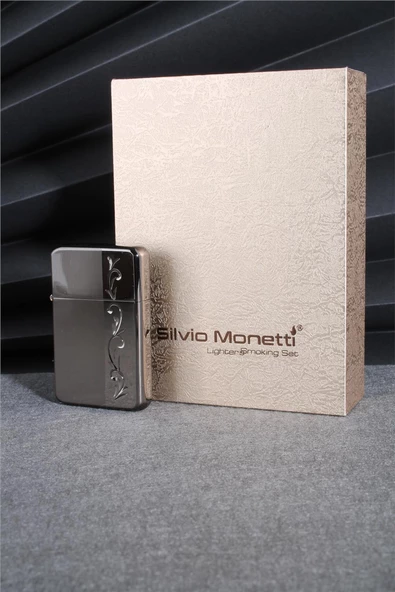 Silvio Monetti  Siyah Renk İşlemeli Kapaklı Benzinli Çakmak  24CSM916CR01 - Resim 3