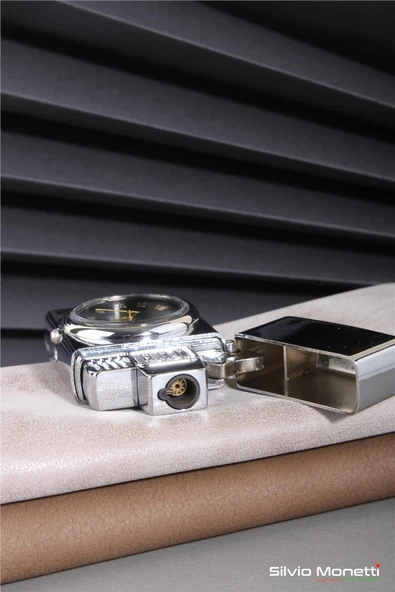 Silvio Monetti Gümüş Özel Tasarım Kapaklı Saatli Model Gazlı Çakmak 24CSM808BMR04 - Resim 4