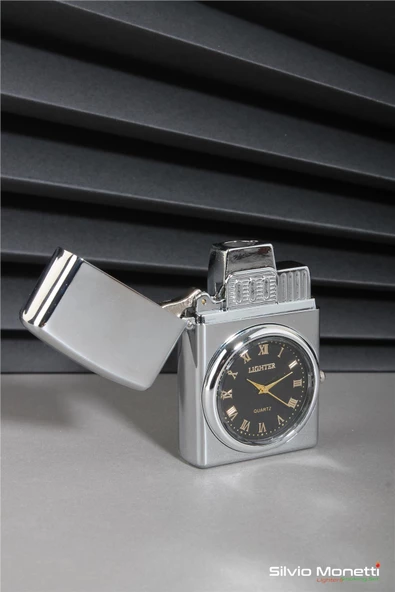 Silvio Monetti Gümüş Özel Tasarım Kapaklı Saatli Model Gazlı Çakmak 24CSM808BMR04 - Resim 3