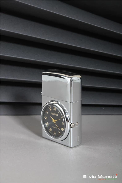 Silvio Monetti Gümüş Özel Tasarım Kapaklı Saatli Model Gazlı Çakmak 24CSM808BMR04 - Resim 2