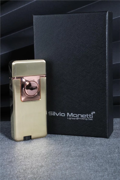 Silvio Monetti  Altın Renk Pürmüzlü Ve Alevli Çift Başlıklı Düğmeli Gazlı Çakmak  24CSM868TR03 - Resim 3