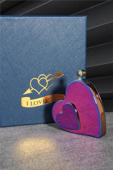 Silvio Monetti  Mor Renk Kalp Şeklinde Özel Tasarım 100 Dilde Seni Seviyorum Yazan Şarjlı Çakmak  24CSM880MR04 - Resim 2