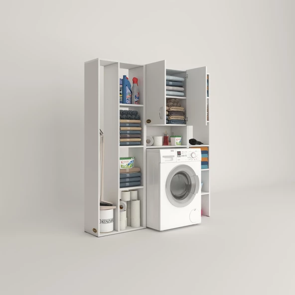 Kenzlife çamaşır makinesi dolabı sinemmegamdf byz 180*156*30 % 100 mdf full mdf banyo kapaklı arkalıklı raflı - 2