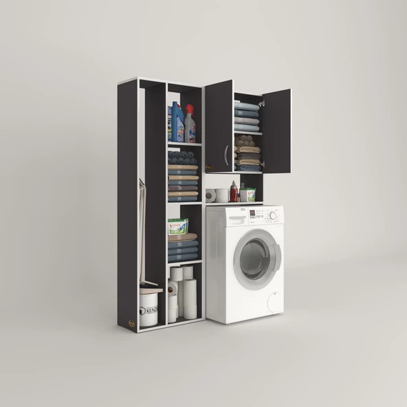 Kenzlife çamaşır makinesi dolabı sinemsüpürge gri 180*126*30 banyo kapaklı arkalıklı raflı - Resim 2