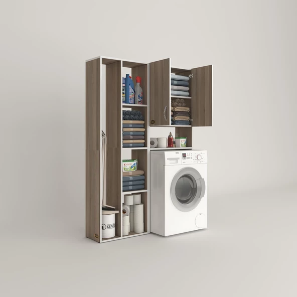 Kenzlife çamaşır makinesi dolabı sinemsüpürge crd 180*126*30 banyo kapaklı arkalıklı raflı - 2