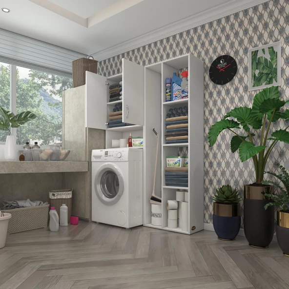 Kenzlife çamaşır makinesi dolabı sinemsüpürgemdf byz 180*126*30 % 100 mdf full mdf banyo kapaklı arkalıklı raflı ürün görseli