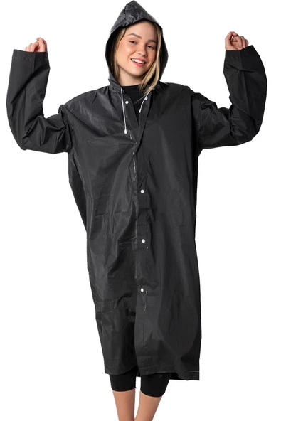 Marlux Unisex Su Rüzgar Geçirmez Kapüşonlu Beyaz Çıtçıt Düğme Eva Siyah Beyaz Yağmurluk 24MRLXYGM - 7