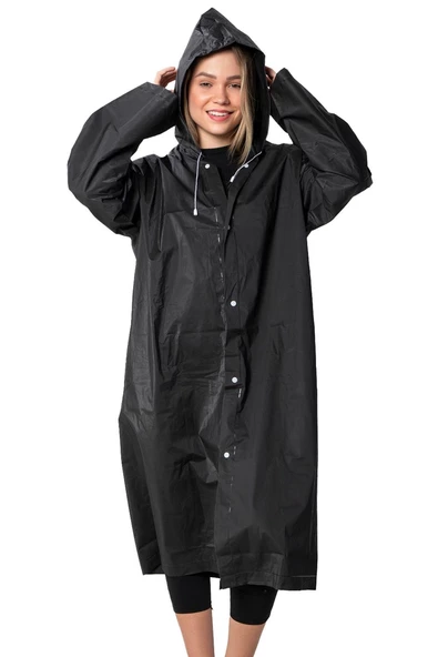 Marlux Unisex Su Rüzgar Geçirmez Kapüşonlu Beyaz Çıtçıt Düğme Eva Siyah Beyaz Yağmurluk 24MRLXYGM - 5