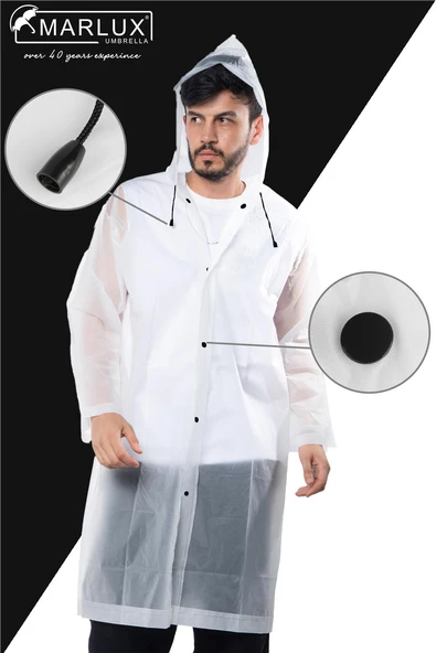 Marlux Unisex Su Rüzgar Geçirmez Kapüşonlu Siyah Çıtçıt Düğmeli Eva Beyaz Siyah Yağmurluk 24MRLXYGM - Resim 2