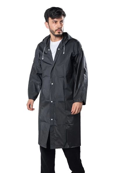 Marlux Unisex Su Rüzgar Geçirmez Kapüşonlu Beyaz Çıtçıt Düğme Eva Siyah Beyaz Yağmurluk 24MRLXYGM - 4