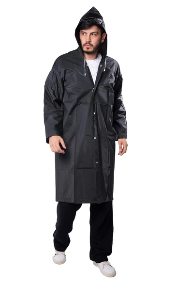 Marlux Unisex Su Rüzgar Geçirmez Kapüşonlu Beyaz Çıtçıt Düğme Eva Siyah Beyaz Yağmurluk 24MRLXYGM - 6