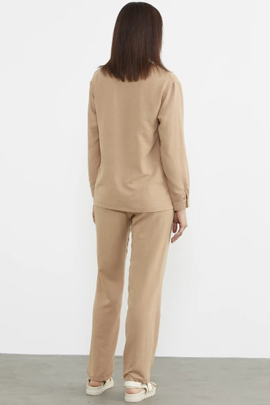 Baskı Detaylı Uzun Kol Krep Takım - Kamel - 7