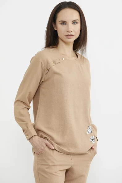Baskı Detaylı Uzun Kol Krep Takım - Kamel - 4
