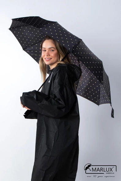 Marlux Siyah Krem Benekli Ahşap Saplı Tam Otomatik Premium Lüks Kadın Şemsiye M21MAR1002LR009 - 2