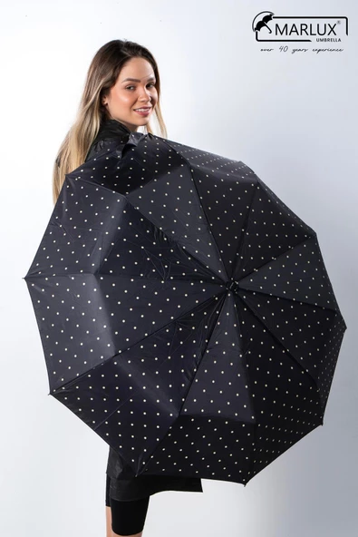 Marlux Siyah Krem Benekli Ahşap Saplı Tam Otomatik Premium Lüks Kadın Şemsiye M21MAR1002LR009