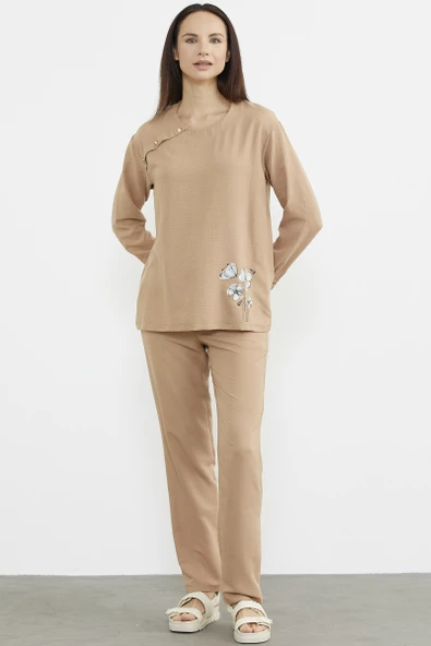 Baskı Detaylı Uzun Kol Krep Takım - Kamel - 2