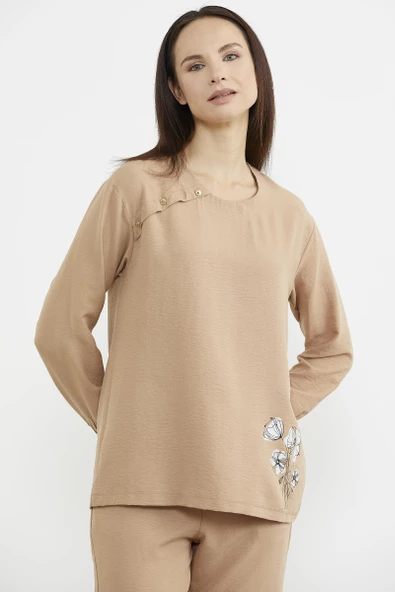 Baskı Detaylı Uzun Kol Krep Takım - Kamel - 3