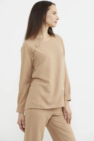 Baskı Detaylı Uzun Kol Krep Takım - Kamel - 6