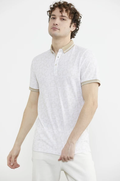 Slim Fit Polo Yaka Desenli Tişört - Sütlü Kahve - 4