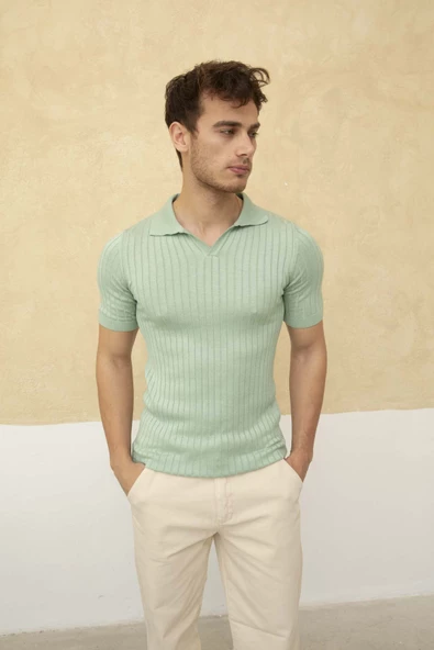 Erkek Fitilli Polo Yaka Triko T-Shirt