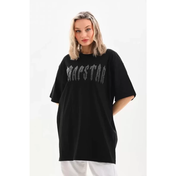 Lucky Life Unisex Taş Desenli Oversize T-Shirt - Siyah - 2