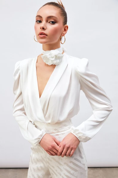 Kruvaze Saten Bodysuit Bluz - EKRU - 5