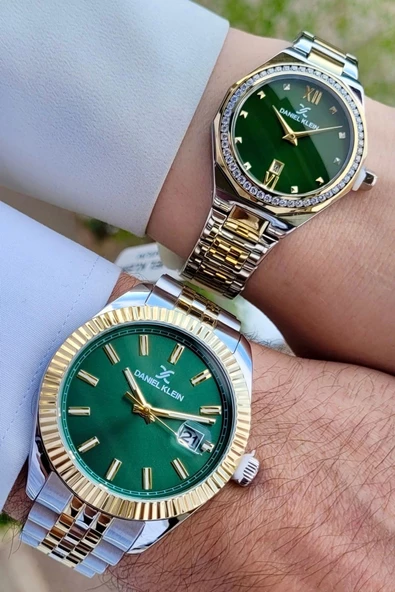 Daniel Klein DKISTE1089Kadranı Yeşil Gold Gümüş Renk Hediye Paketli Sevgili İki Kol Saati - 4