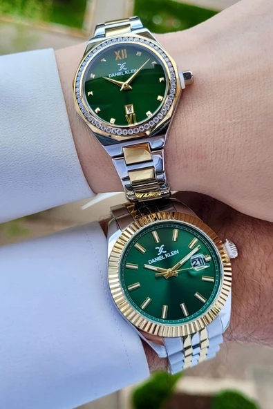 Daniel Klein DKISTE1089Kadranı Yeşil Gold Gümüş Renk Hediye Paketli Sevgili İki Kol Saati - 2