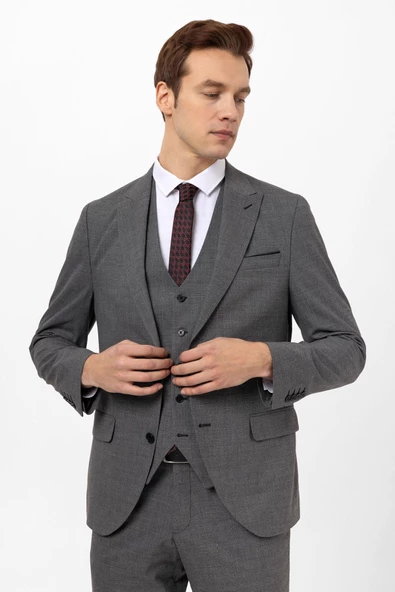 Slimfit Armürlü Yelekli Takım Elbise - 5