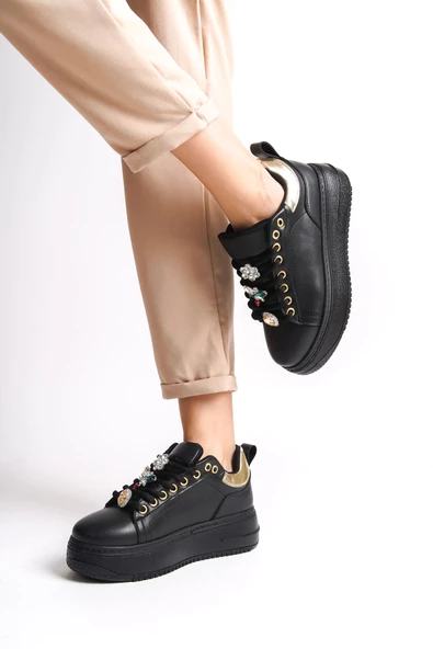 BRIANNA Bağcıklı Ortopedik Taban Renkli Taş Dekorlu Kadın Sneaker Ayakkabı ST Siyah/Altın - 2
