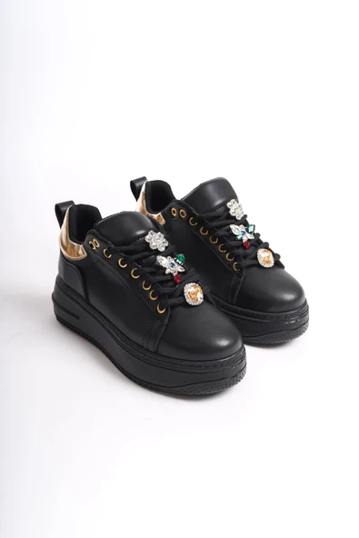 BRIANNA Bağcıklı Ortopedik Taban Renkli Taş Dekorlu Kadın Sneaker Ayakkabı ST Siyah/Altın - 4