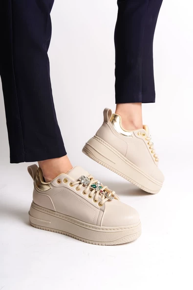 BRIANNA Bağcıklı Ortopedik Taban Renkli Taş Dekorlu Kadın Sneaker Ayakkabı KT Krem/Altın - 3