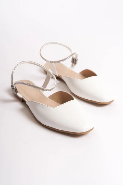 CAROLINE Lastikli Ortopedik Rahat Taban Bilekten Taş Detaylı Kadın Babet Ayakkabı KT Beyaz - 4