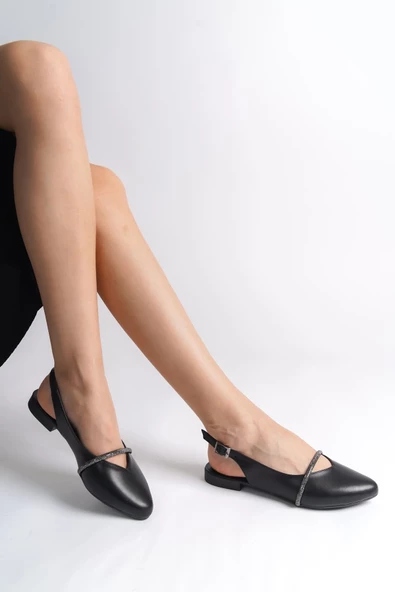 ALLISON Tokalı Ortopedik Rahat Taban Taş Detaylı Kadın Babet Ayakkabı ST Siyah - 2