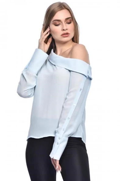 Tek Omuzlu Uzun Kollu Bebe Mavisi Kadın Bluz - 2