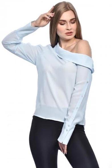 Tek Omuzlu Uzun Kollu Bebe Mavisi Kadın Bluz - 3