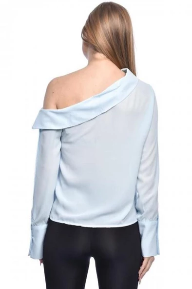 Tek Omuzlu Uzun Kollu Bebe Mavisi Kadın Bluz - 4
