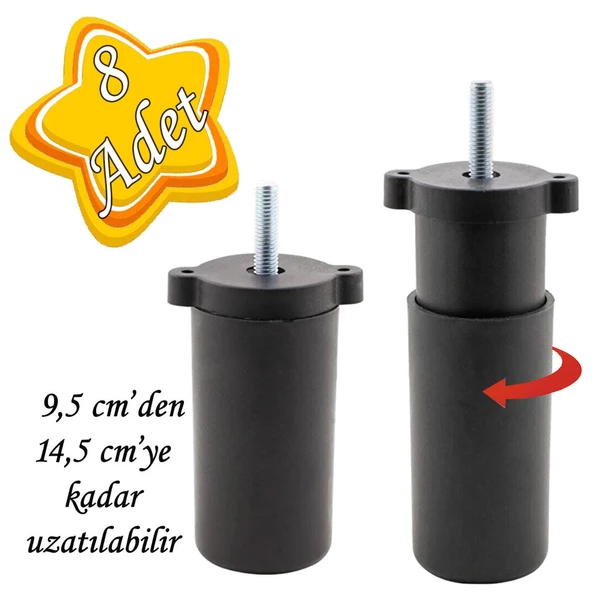8 Adet Ayarlı Destek Ayağı 9.5 x 14.5cm Siyah Gizli Ayak M8 Civatalı İncediş Mobilya Kanepe Baza Koltuk