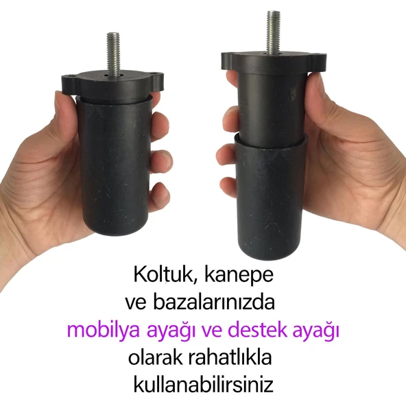 2 Adet Ayarlı Destek Ayağı 9.5 x 14.5cm Siyah Gizli Ayak M8 Civatalı İncediş Mobilya Kanepe Baza Koltuk - 2