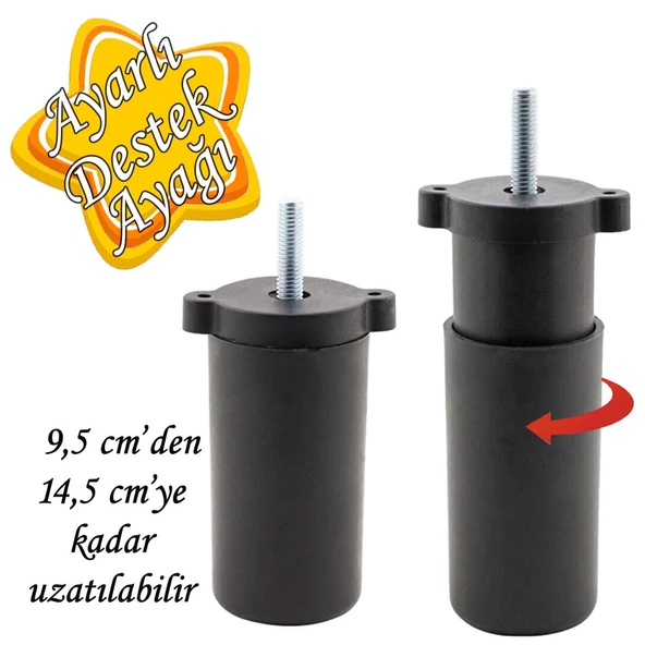 Ayarlı Destek Ayağı 9.5 x 14.5cm Siyah Gizli Ayak M8 Civatalı İncediş Mobilya Kanepe Baza Koltuk