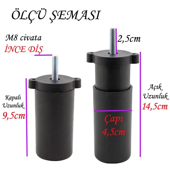 4 Adet Ayarlı Destek Ayağı 9.5 x 14.5cm Siyah Gizli Ayak M8 Civatalı İncediş Mobilya Kanepe Baza Koltuk - 3