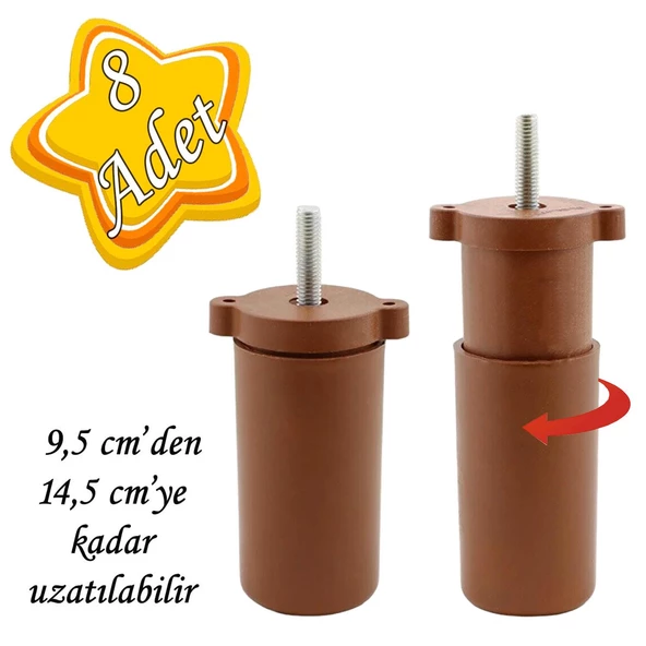 8 Adet Ayarlı Destek Ayağı 9.5 x 14.5cm Kahverengi Gizli Ayak M8 Civatalı İncediş Mobilya Kanepe Baza Koltuk