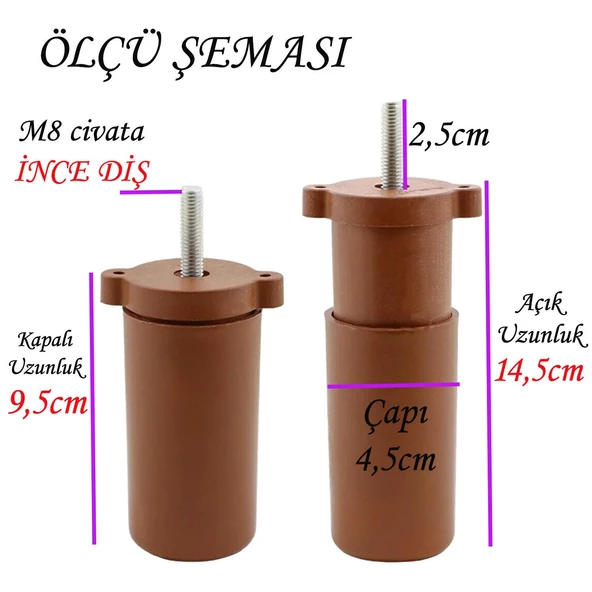 Ayarlı Destek Ayağı 9.5 x 14.5cm Kahverengi Gizli Ayak M8 Civatalı İncediş Mobilya Kanepe Baza Koltuk - 3